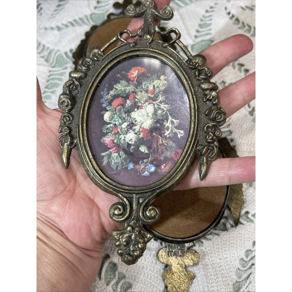 Vintage Victorian Brass Ornate Frames Floral Art and Mirrors Italy Set of 3